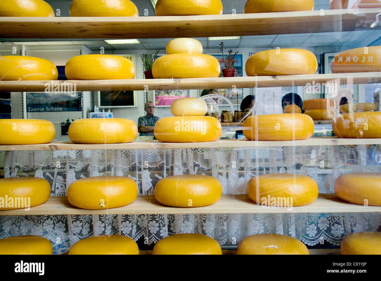 Cheese wheels in a shop on Damrak Street, city centre, Amsterdam, Netherlands, Europe Stock Photo