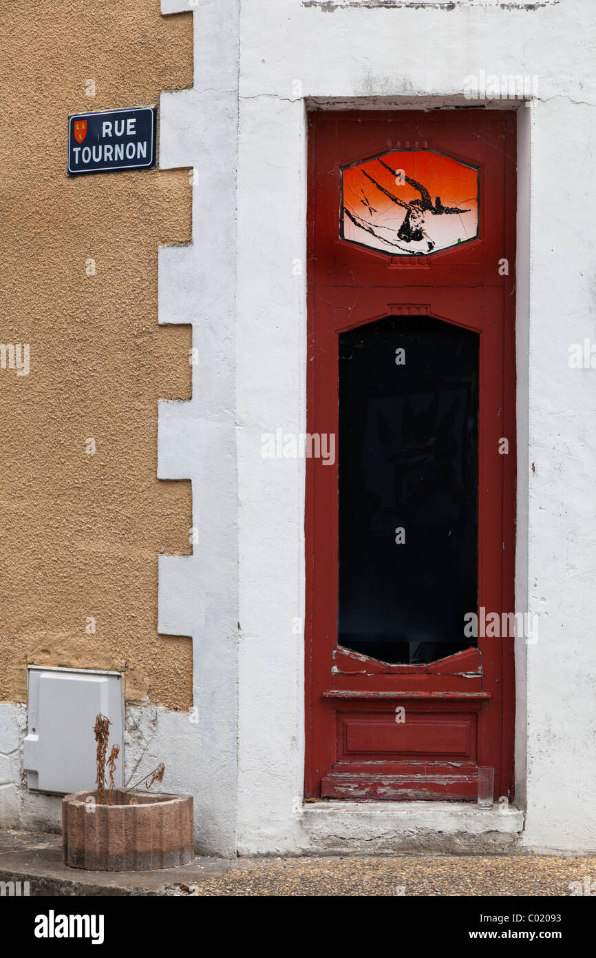 Door with glass painted prehistoric art from nearby grotte de Lascaux Montignac France Stock Photo