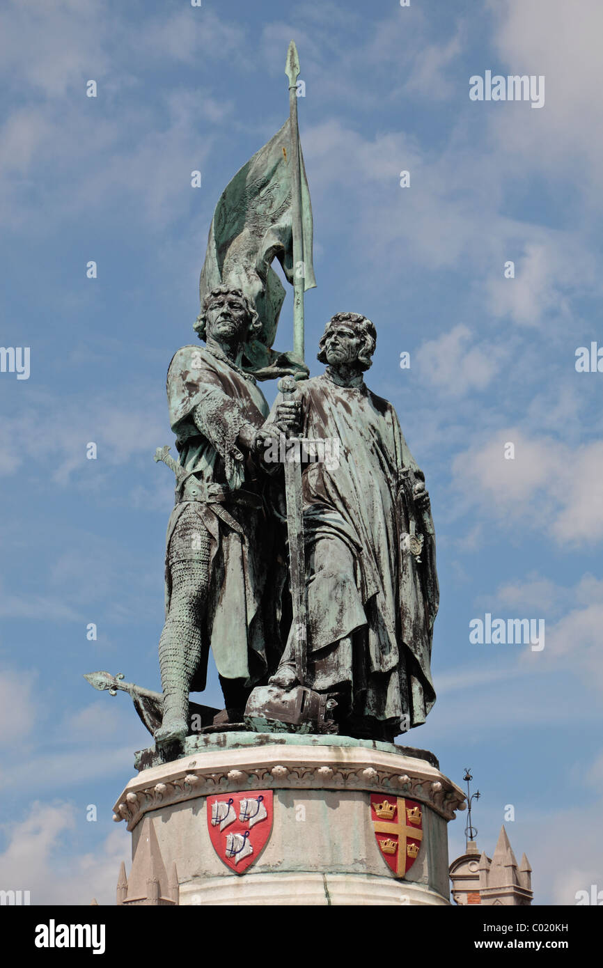 Close up of the statue of Jan Breidel and Peter de Coninck in the old market square (Markt), Bruges Belgium. Stock Photo