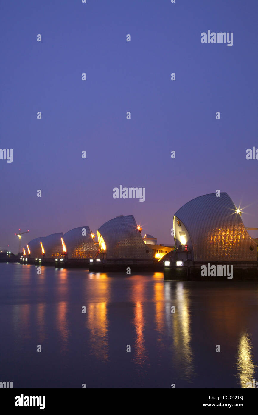 River Thames Flood Barrier, evening light, Woolwich, Greenwich, London, England, UK, United Kingdom, GB, Great Britain Stock Photo