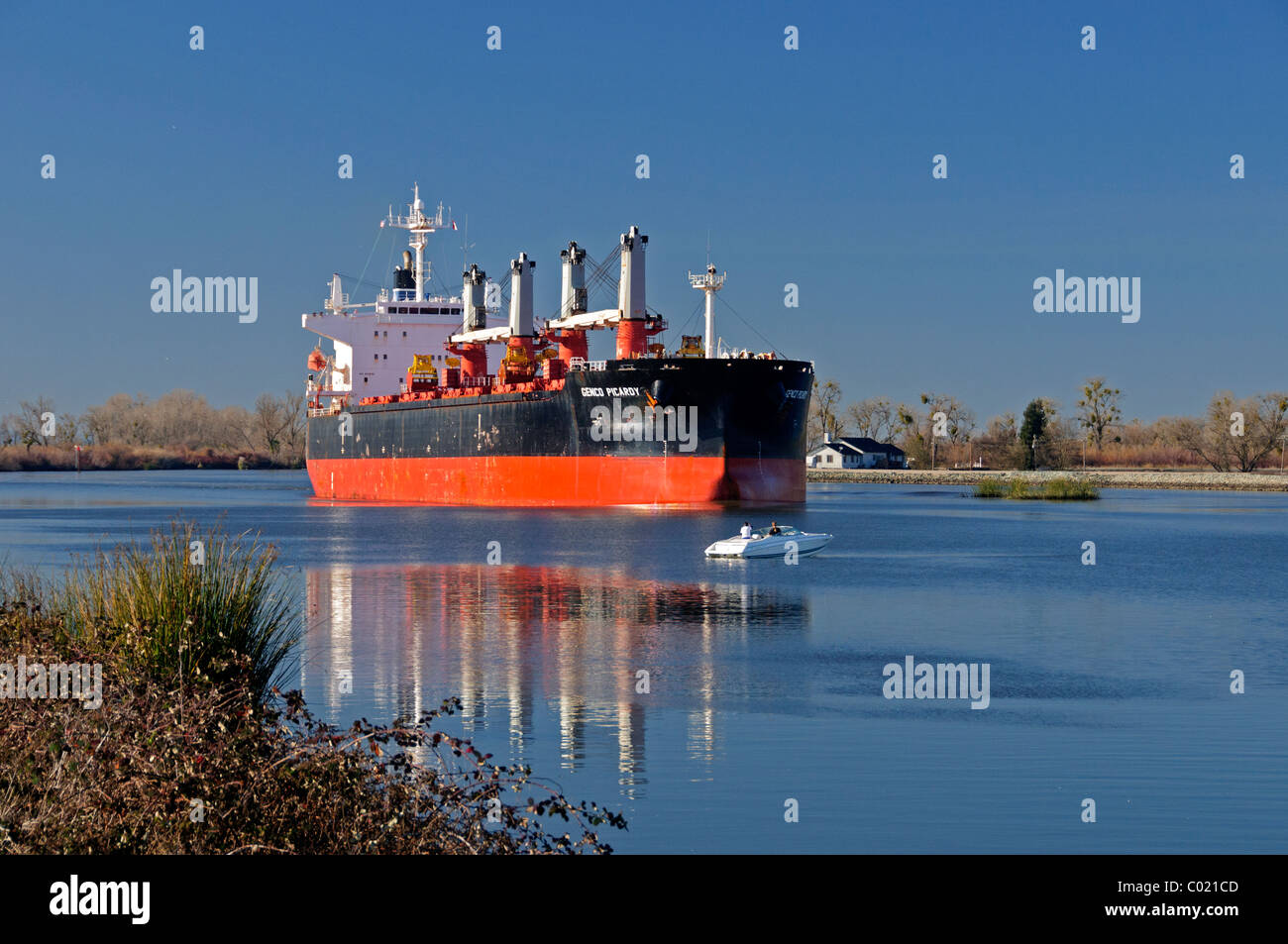 Steamship Navigating the San Joaquin River to The Port of Stockton, California. Stock Photo