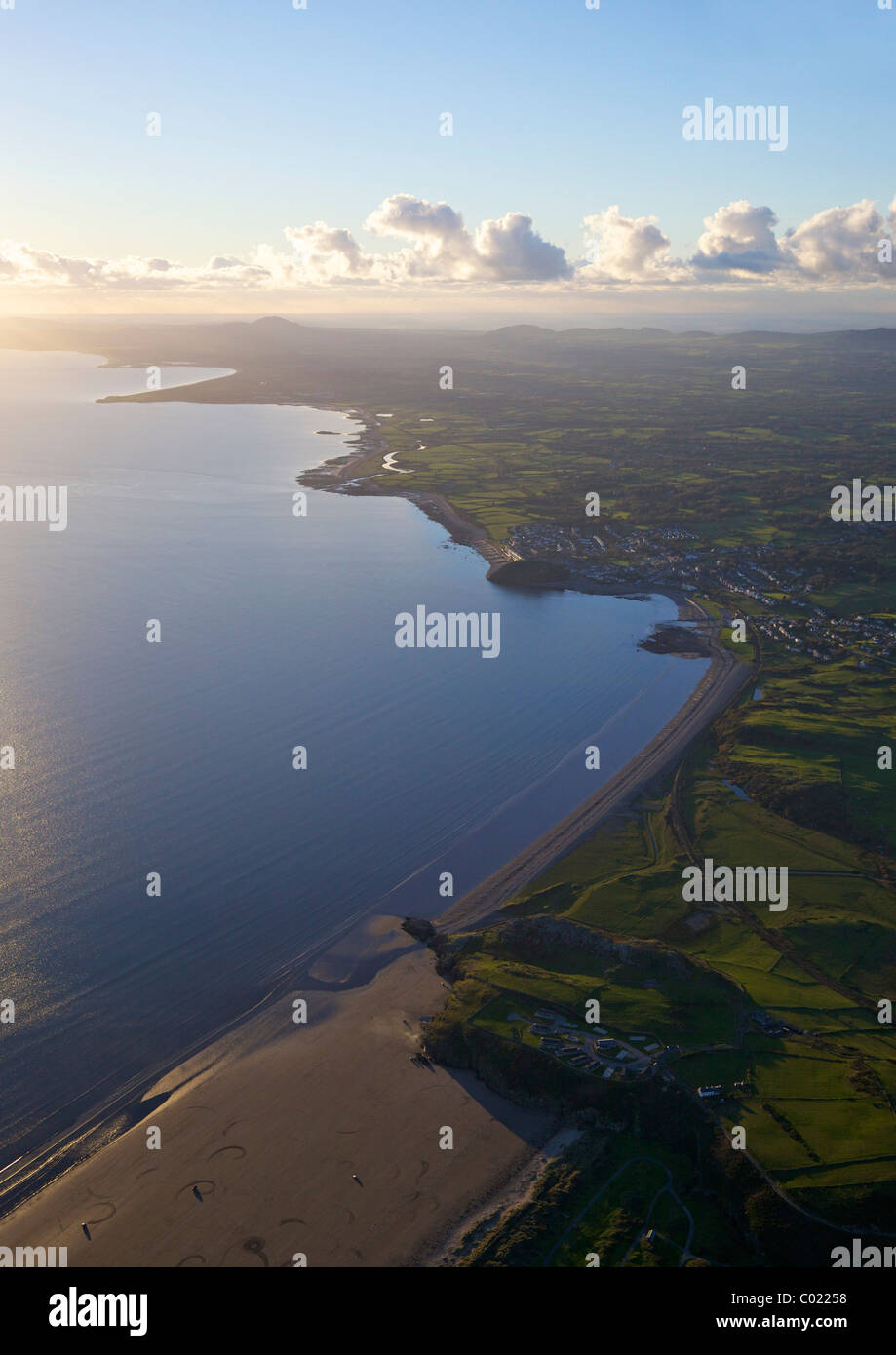 Aerial view of Criccieth in evening light, Llyn Peninsula,  North Wales, Cymru, UK, United Kingdom, GB, Great Britain, Stock Photo