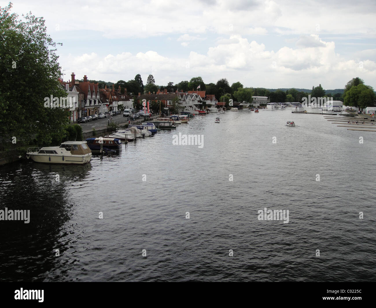 River Thames from Henley Bridge during Henley Regatta showing rowing ...