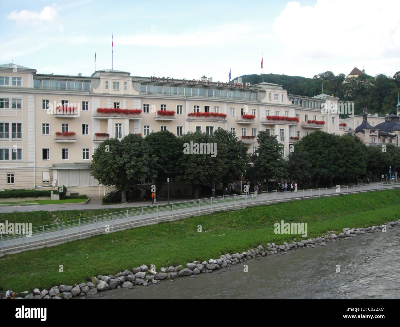 Salzburg view of Salzach River and Hotel Sacher Stock Photo