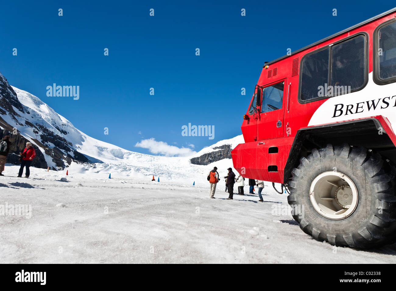 Tourist on the Athabasca Glacier at the Columbia Icefield, Canada Stock Photo