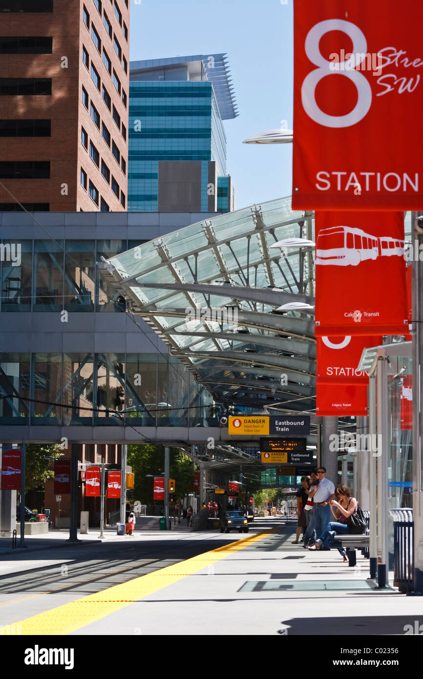 Colourful signs at the 8th street tram station in Calgary, Canada Stock Photo