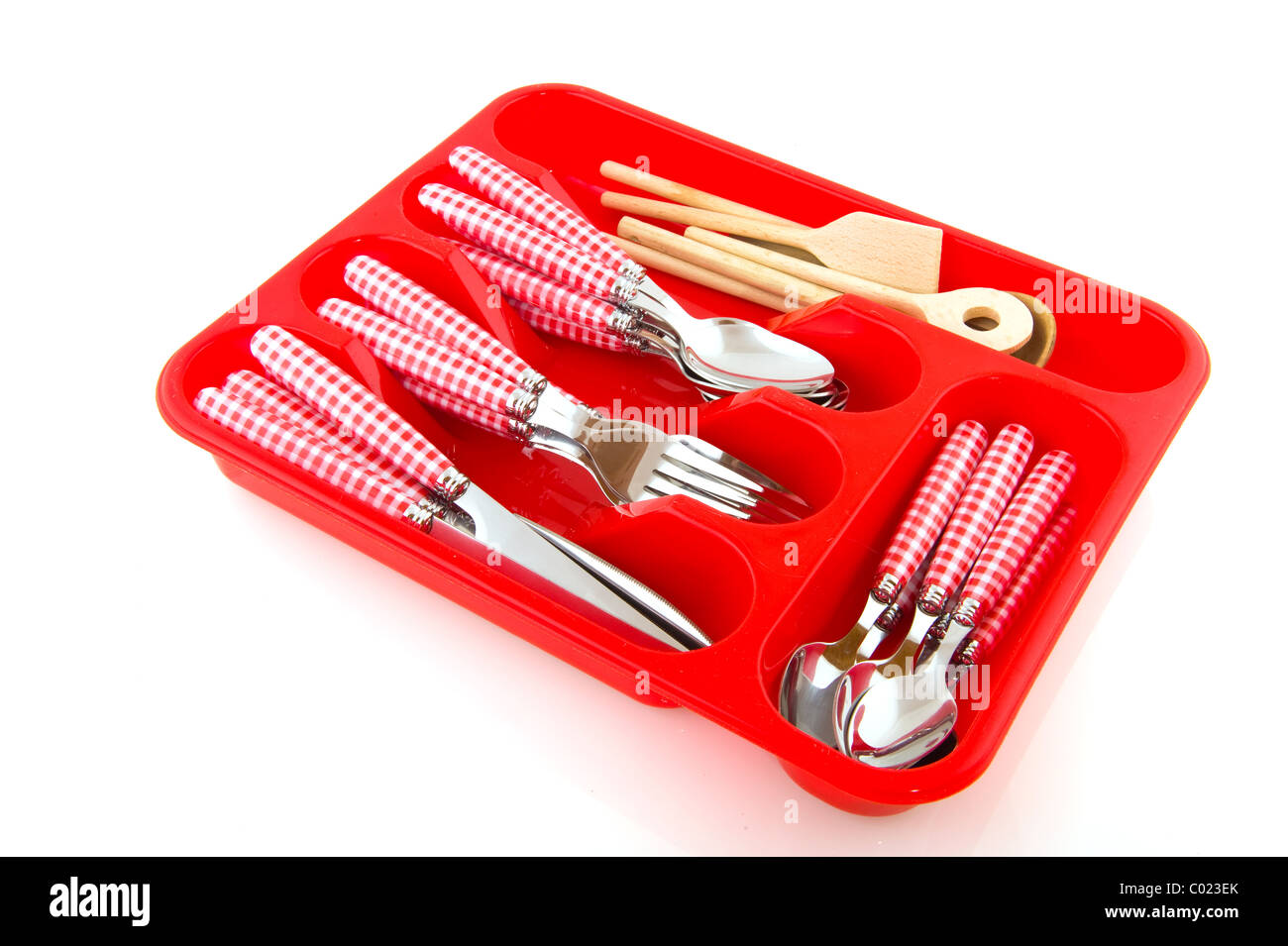 Cheerful red checkered cutlery in plastic box Stock Photo Alamy