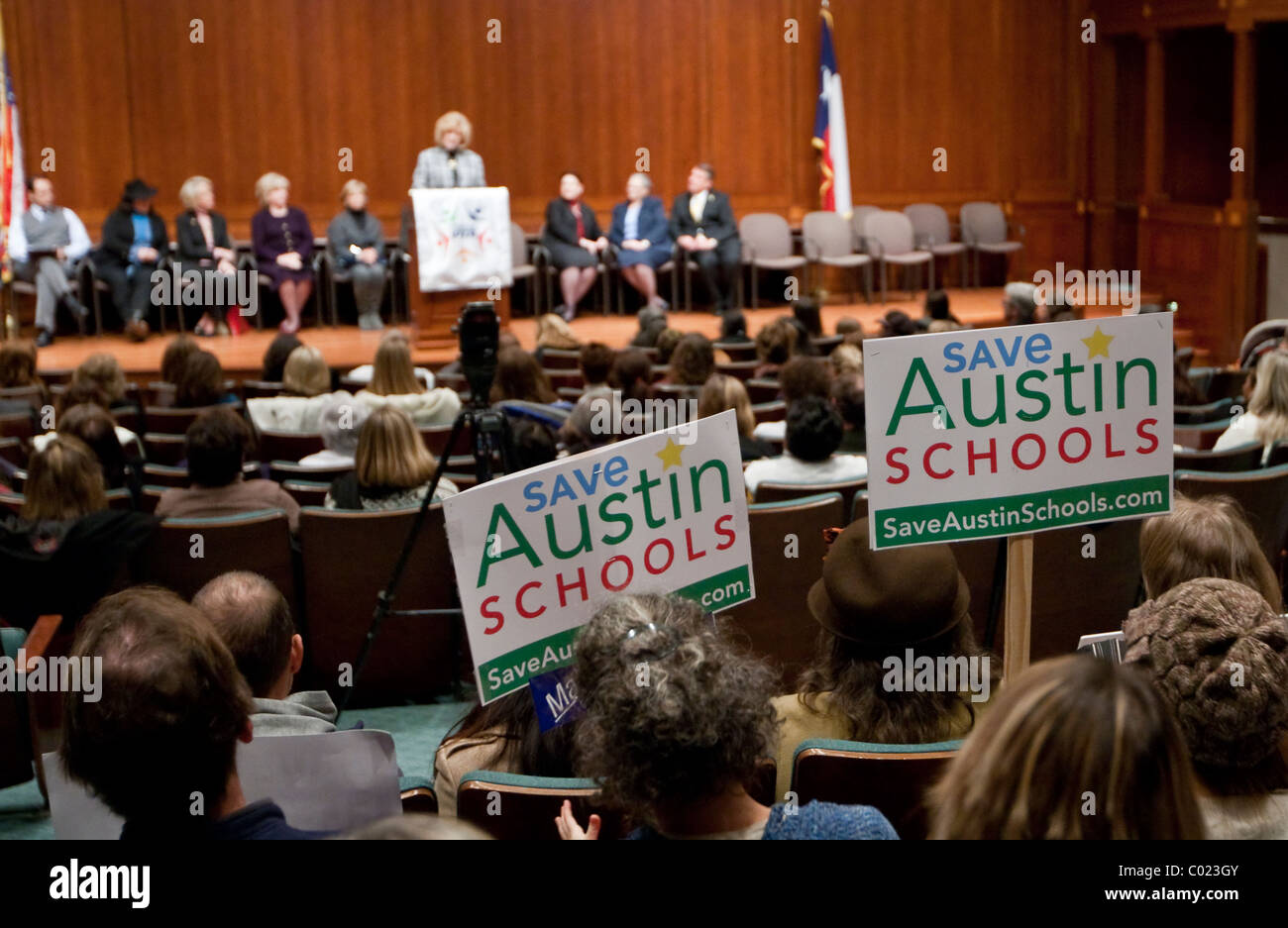 Parents of Texas public school students at a rally at the Capital to call attention to lawmakers' plans to cut school funding Stock Photo