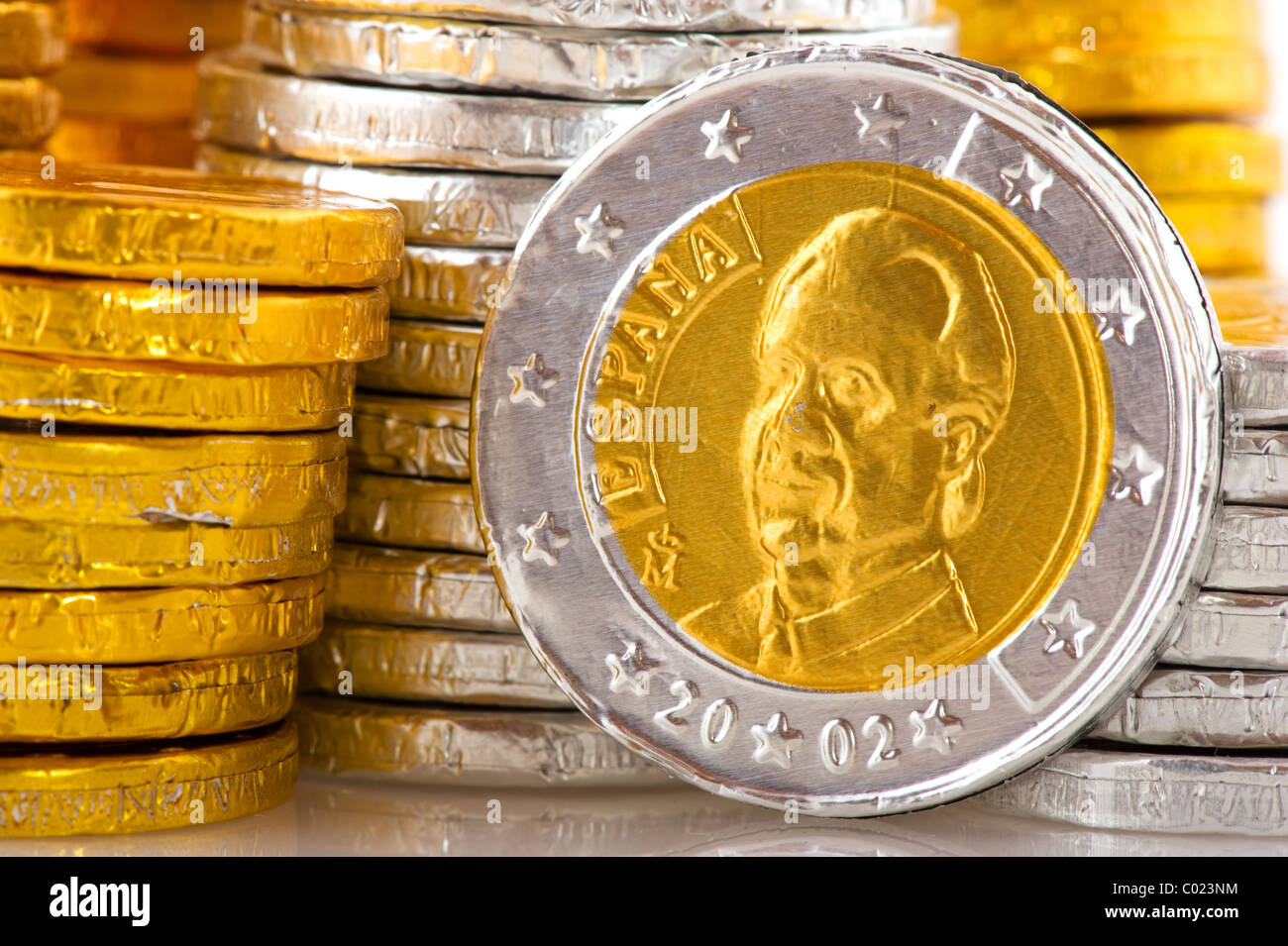 Lots of Spanish chocolate European money in silver and copper Stock