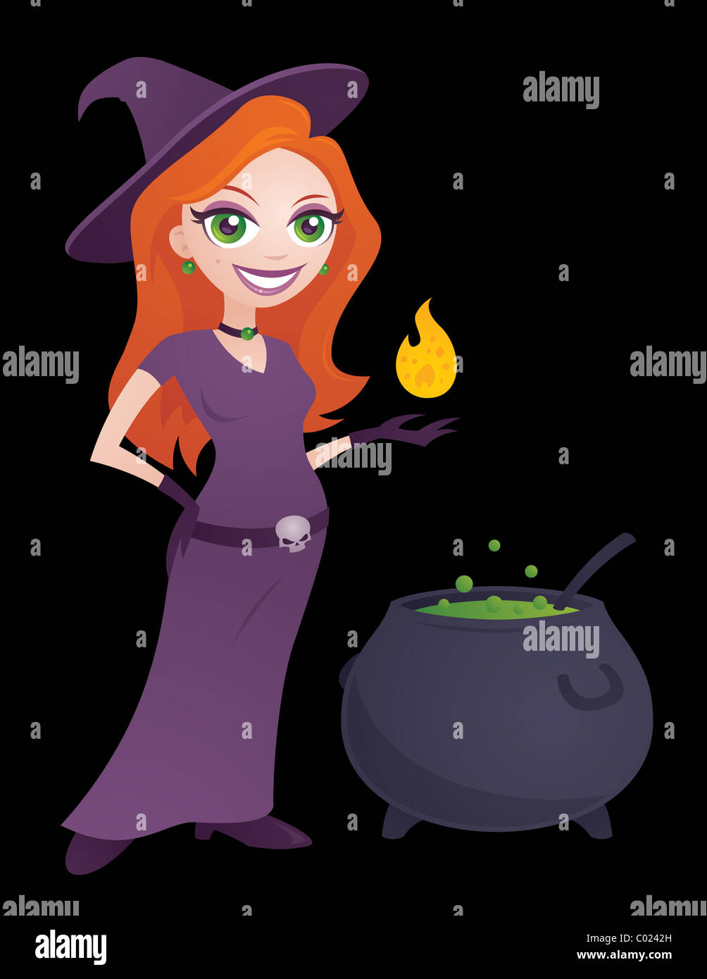 Cartoon illustration of a cute young witch holding a flame and standing next to a bubbling cauldron. Great for Halloween. Stock Photo