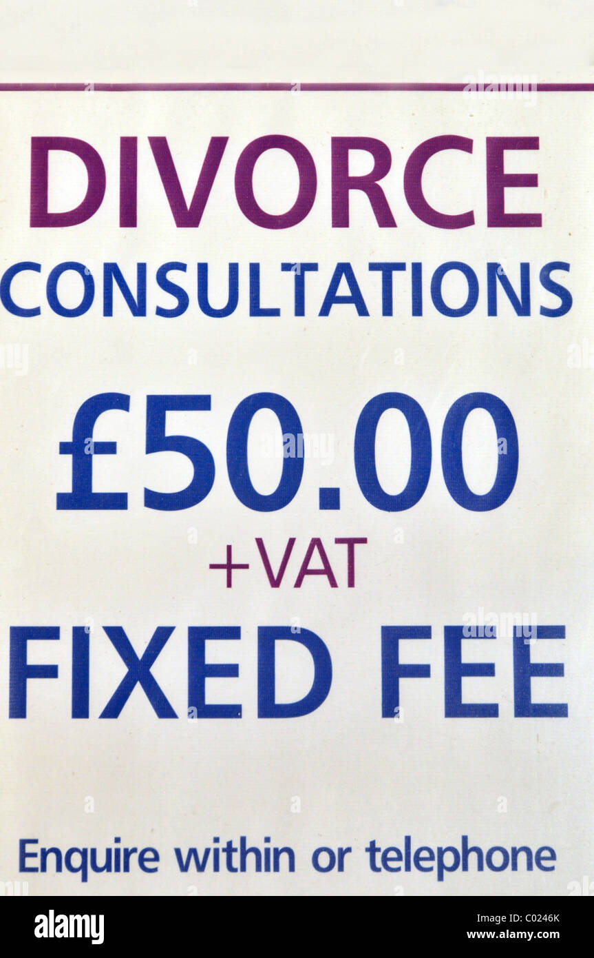 Notice outside solicitors high street office advertising fixed fee Divorce Consultations Essex England UK Stock Photo