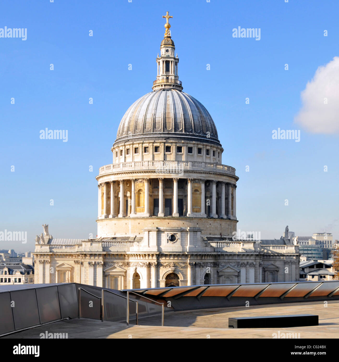 One New Change shopping centre roof terrace & dome of historical iconic St Pauls cathedral European church landmark blue sky day in City of London UK Stock Photo