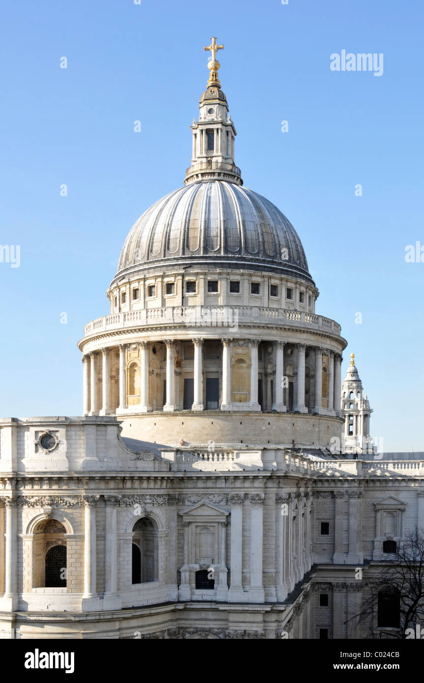 Ludgate Hill City of London landmark dome of historical Sir Christopher Wren iconic St Pauls cathedral church with public viewing platform England UK Stock Photo