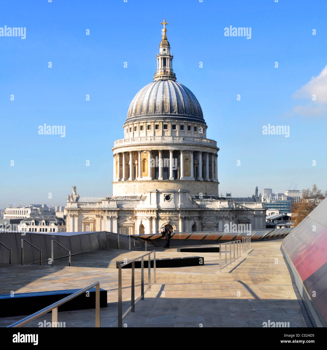 One New Change shopping centre roof terrace & dome of historical iconic St Pauls cathedral European church landmark on blue sky day in City of London Stock Photo