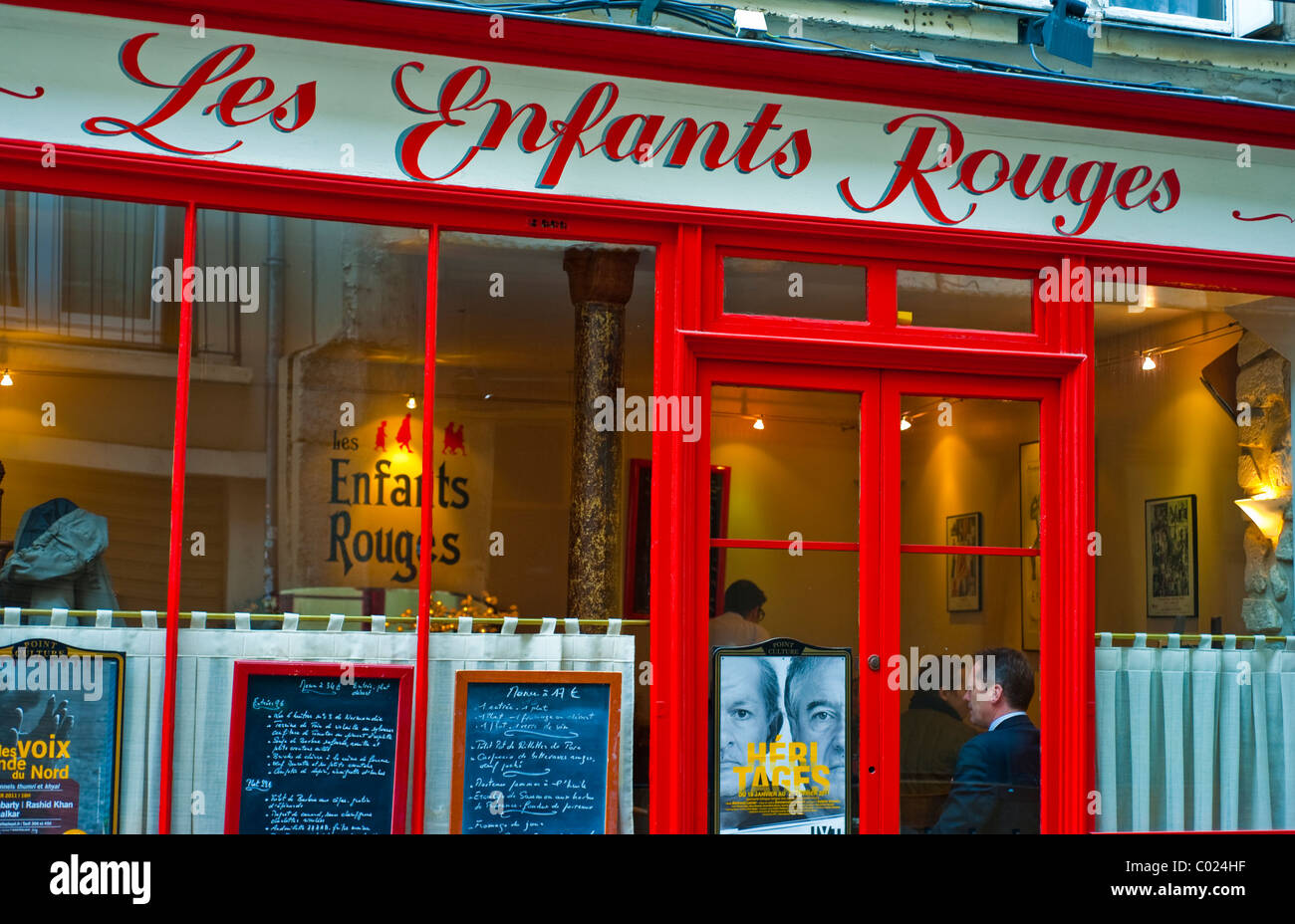 Paris, France, Typical French Bistro old Restaurant, 'Les Enfants Rouges' old Storefront, in the Marais District, vintage Paris window Stock Photo