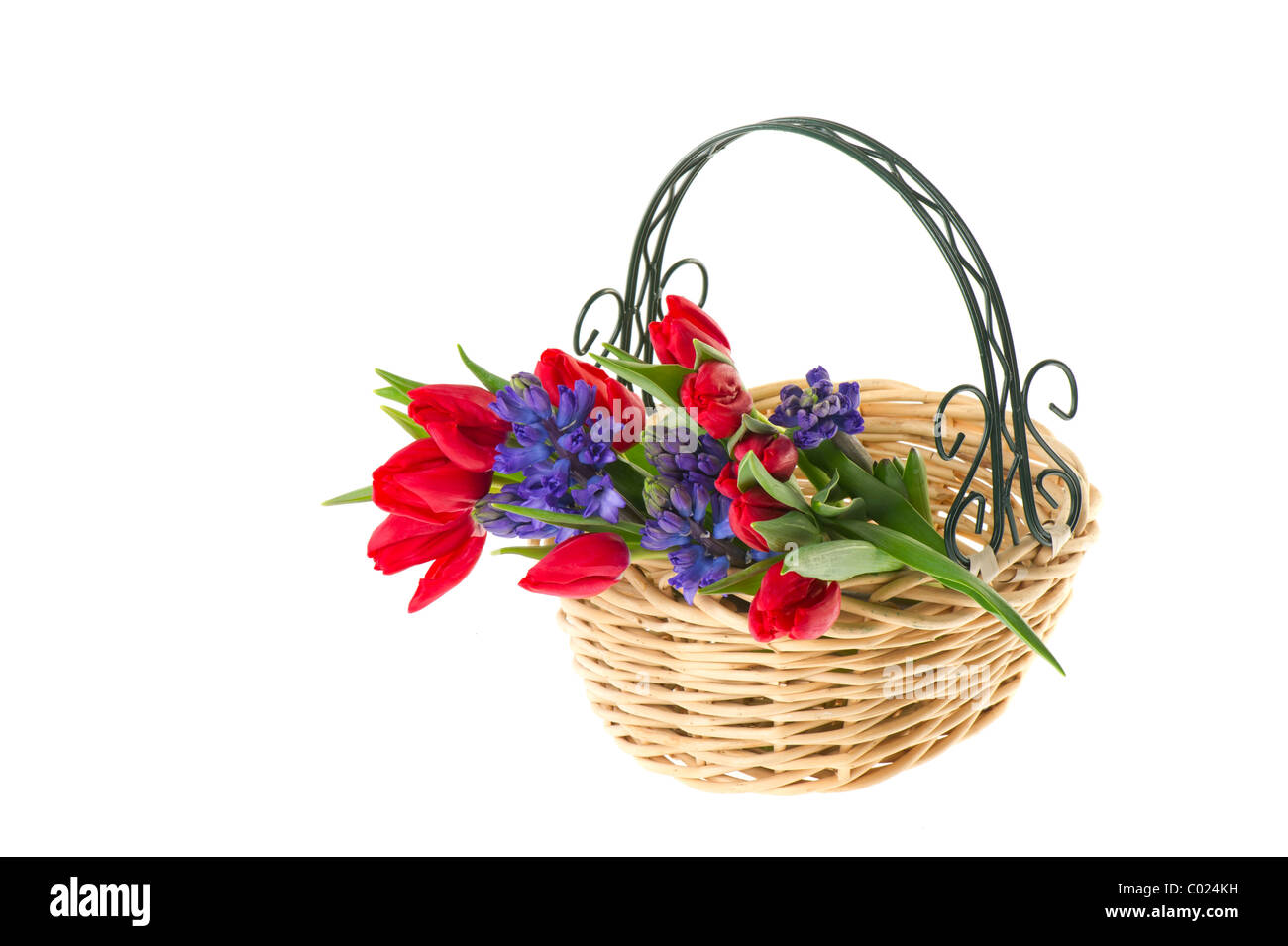 spring flowers in basket isolated on white background Stock Photo Alamy