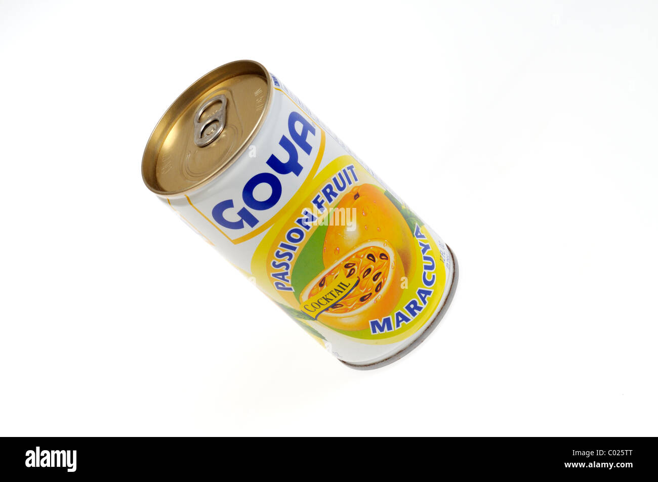 Can of Goya Passion Fruit Cocktail on white background, cutout. Stock Photo