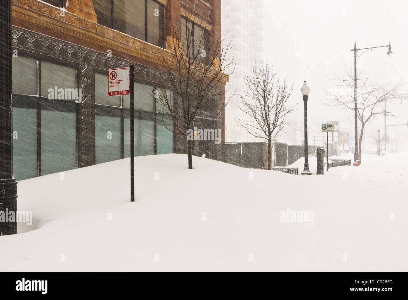 Snow drifts build up on Wabash Ave during the 2011 Chicago Blizzard Stock Photo