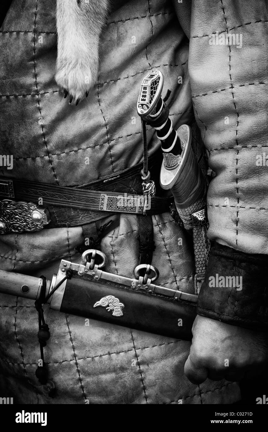 Replica Anglo Saxon soldiers clothing and weapons. Monochrome Stock Photo