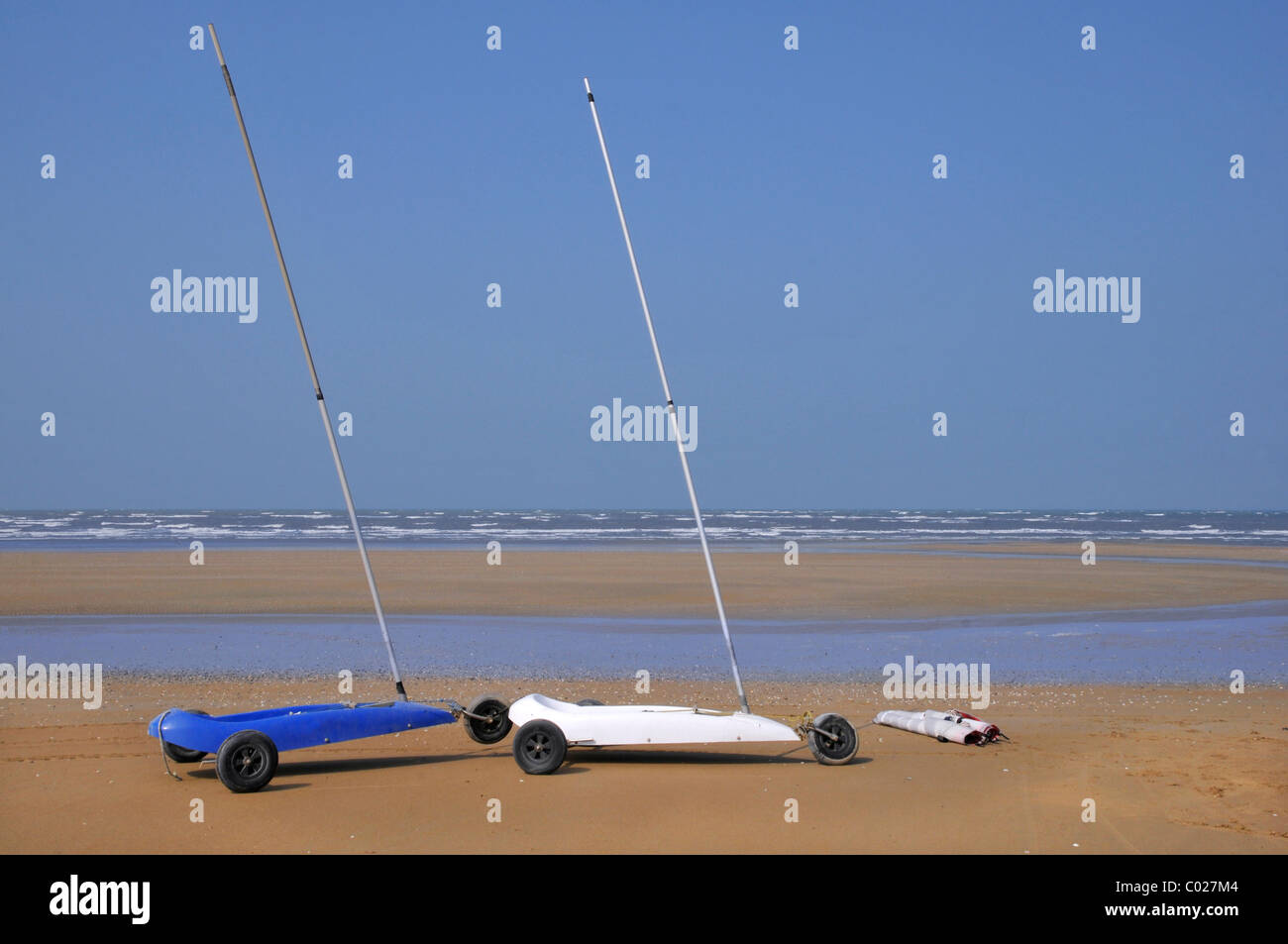 Two land sailing on the beach of Ouistreham in the Calvados department in the Basse-Normandie region of France Stock Photo