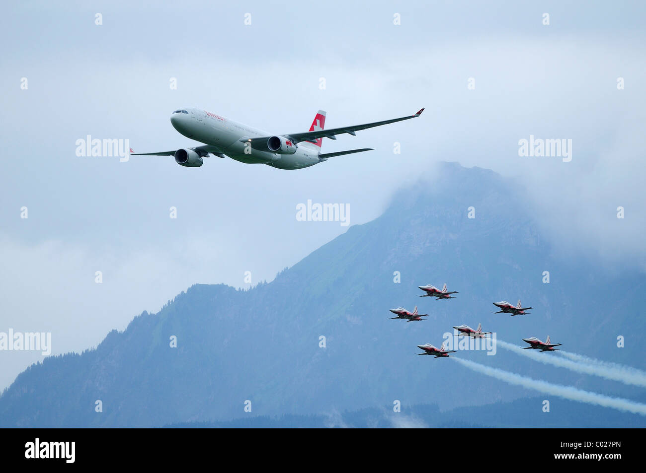 Airbus A 330-300 of the Swiss flying with the Patrouille Suisse, Emmen, Switzerland, Europe Stock Photo