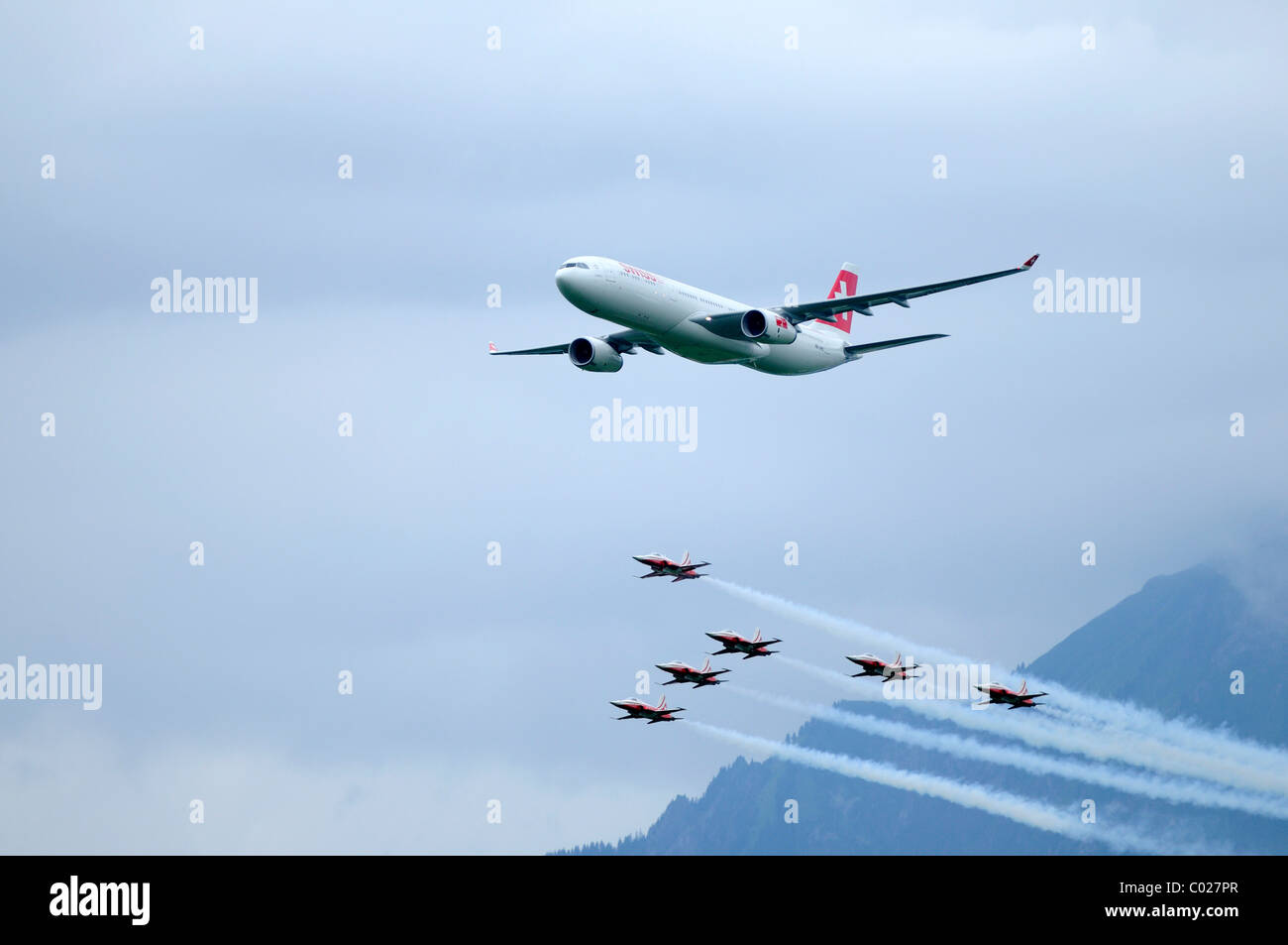 Airbus A 330-300 of the Swiss flying with the Patrouille Suisse, Emmen, Switzerland, Europe Stock Photo