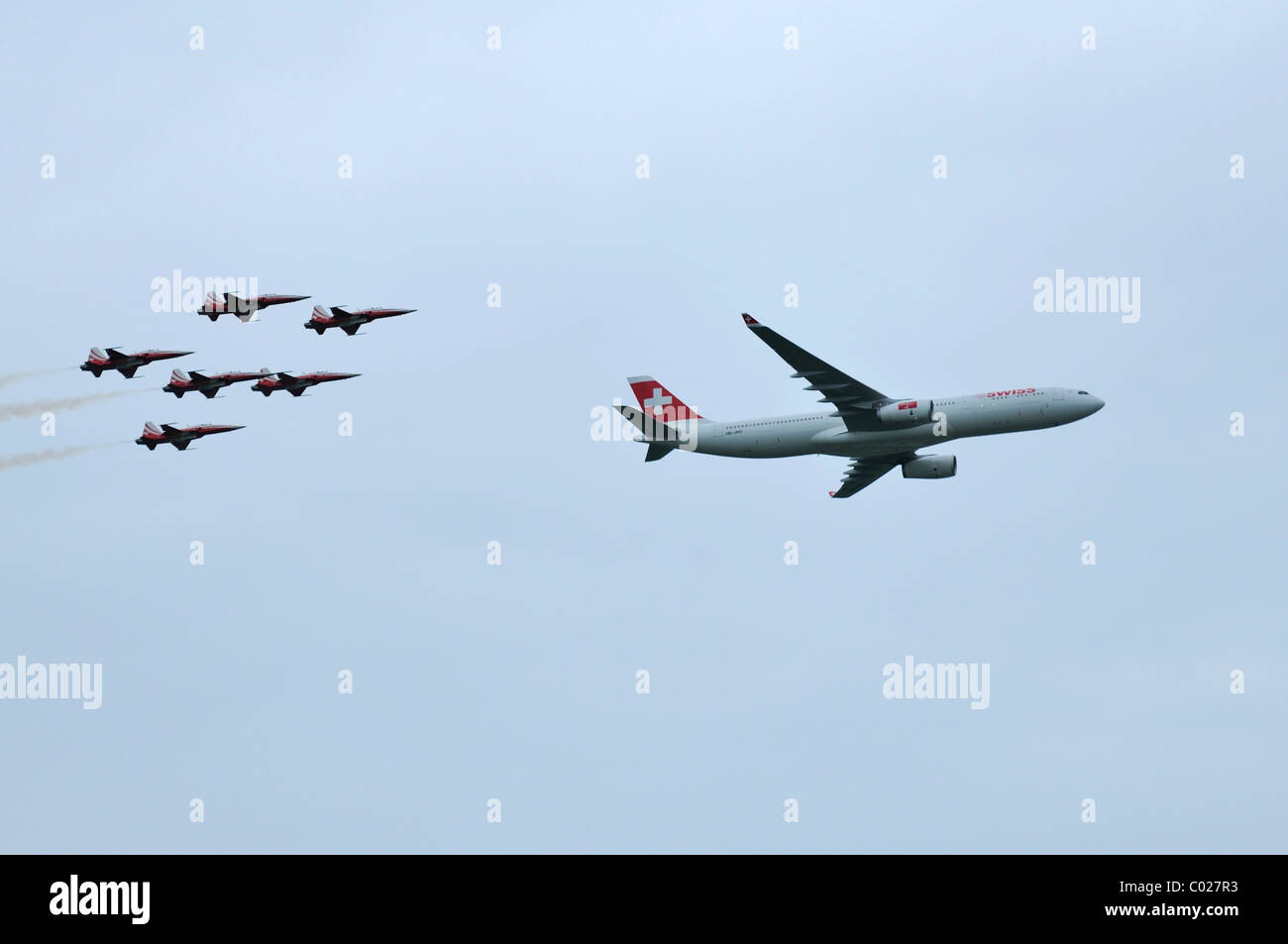 Airbus A 330-300 of the Swiss flying with the Patrouille Suisse, Emmen, Switzerland, Europe Stock Photo