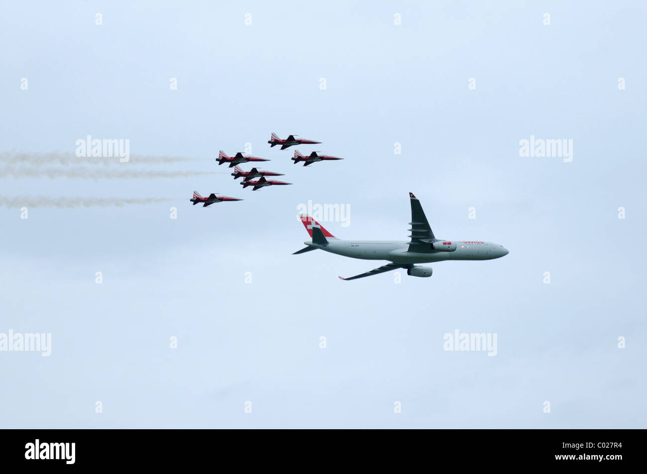 Airbus A 330-300 of the Swiss flying with the Patrouille Suisse, Emmen, Switzerland, Europe Stock Photo