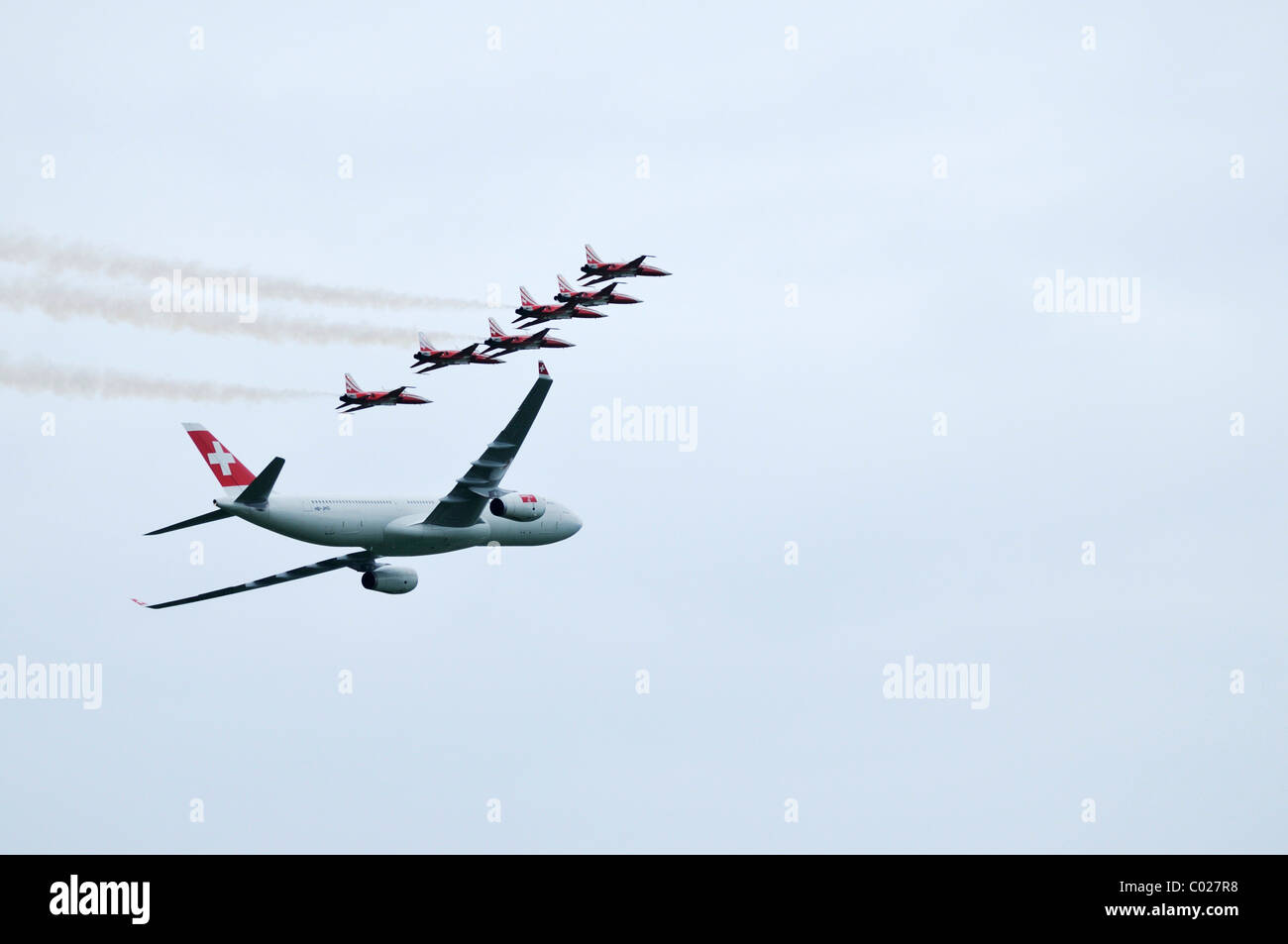 Airbus A 330-300 of the Swiss flying with the Patrouille Suisse, Emmen, Switzerland, Europe Stock Photo