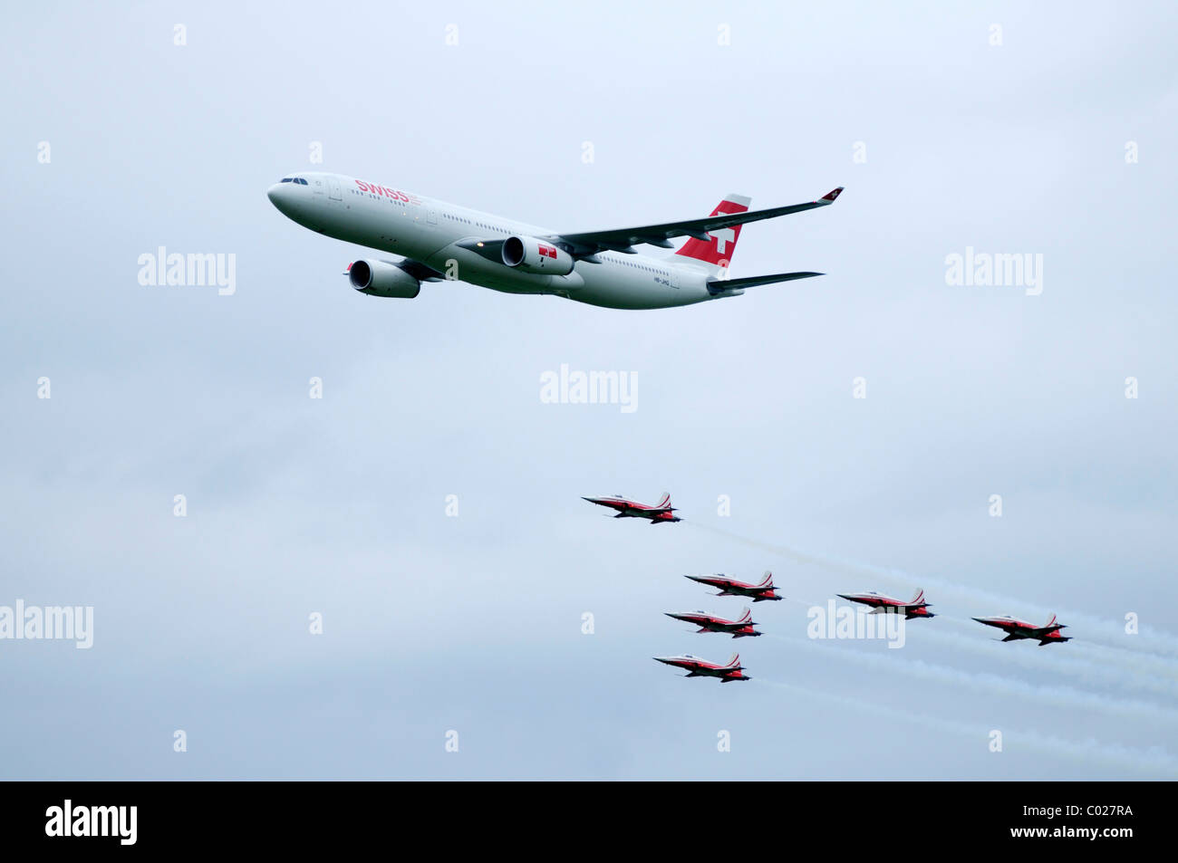 Airbus A 330-300 of the Swiss flying with the Patrouille Suisse, Emmen, Switzerland, Europe Stock Photo