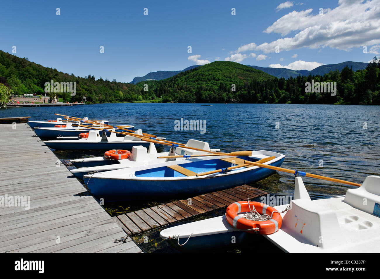 Rental boat station at the lido, Montiggler See lake, at the Weinstrasse, Ueberetsch, Southern Tyrol, Italy, Europe Stock Photo