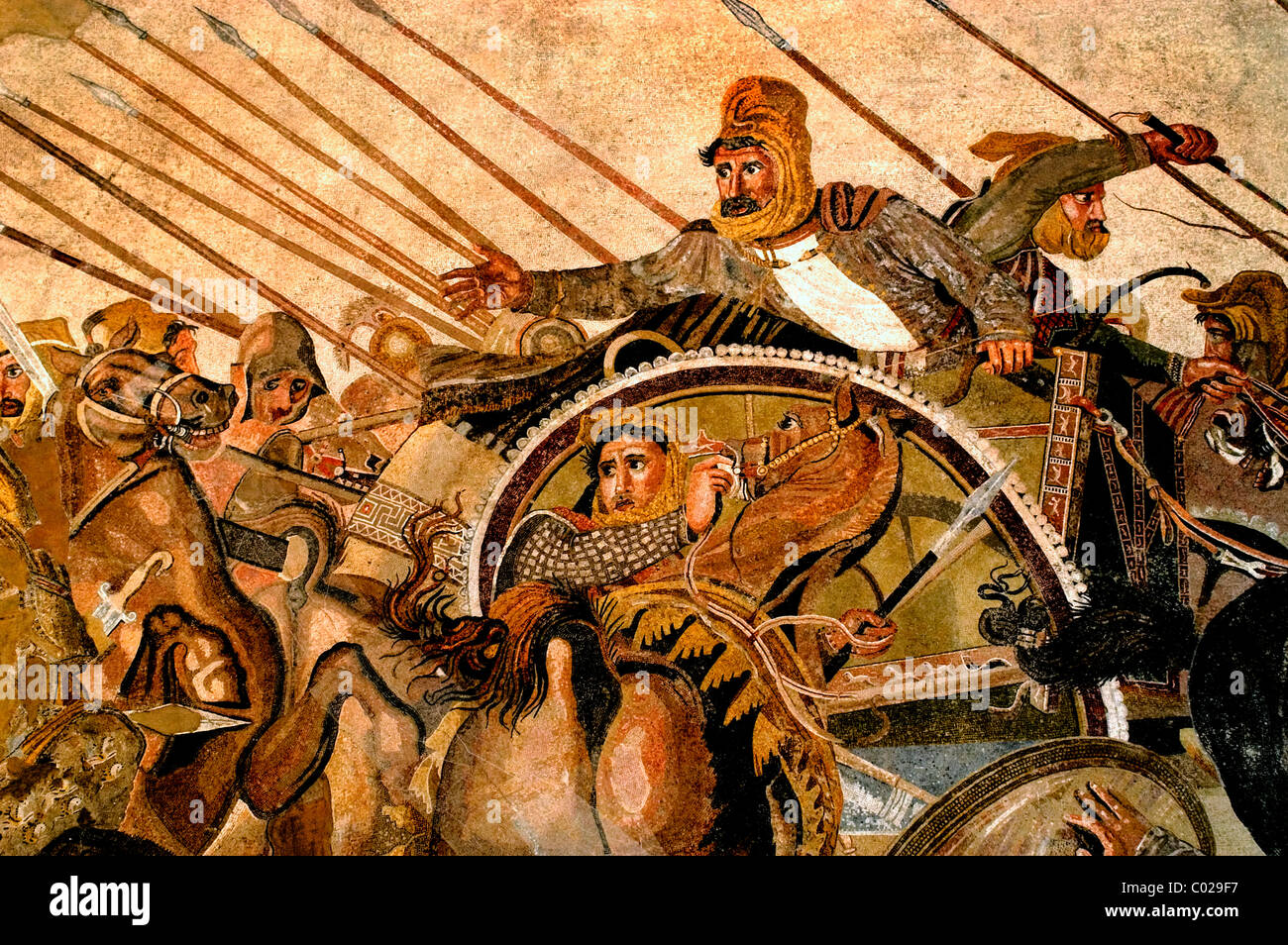 Persian King Darius III battle with Alexander the Great Issus 331 B. C . Mosaic Pompeii 100 BC This image is Darius III Stock Photo