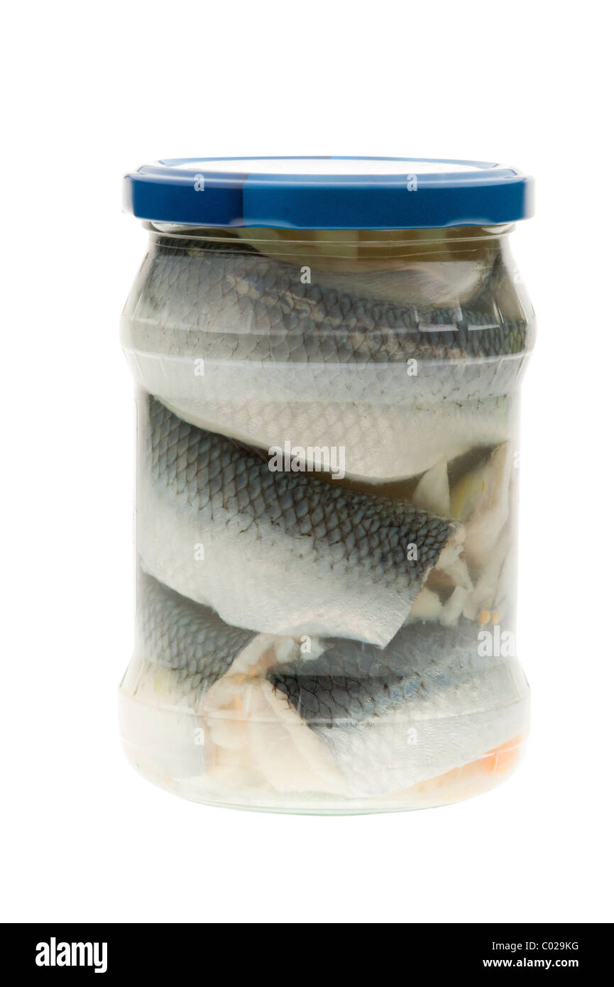 A jar of Pickled herring, isolated on a white background Stock Photo