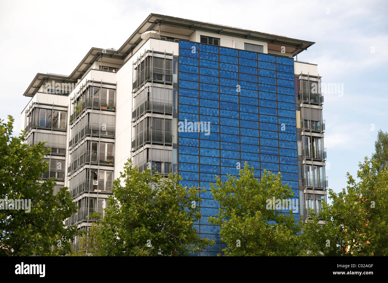 Apartments on Wilmersdorfer Street in Freiburg (Germany) with solar front as part the refurbishment of the building in 2001. Stock Photo