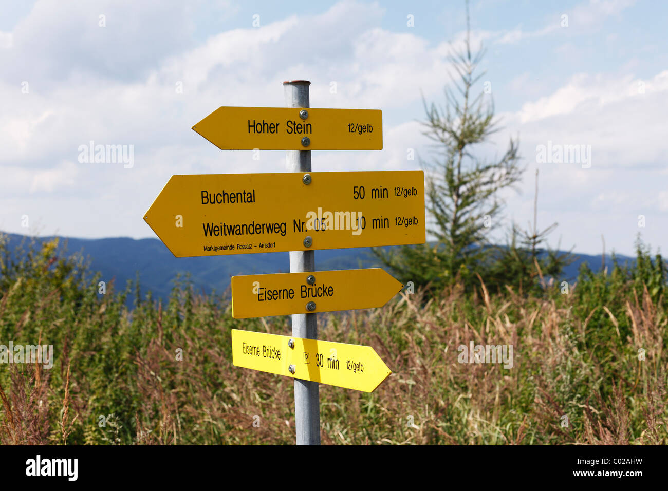 Signpost on Muehlberg, Dunkelsteinerwald, Wachau, Mostviertel, Lower Austria, Austria, Europe Stock Photo