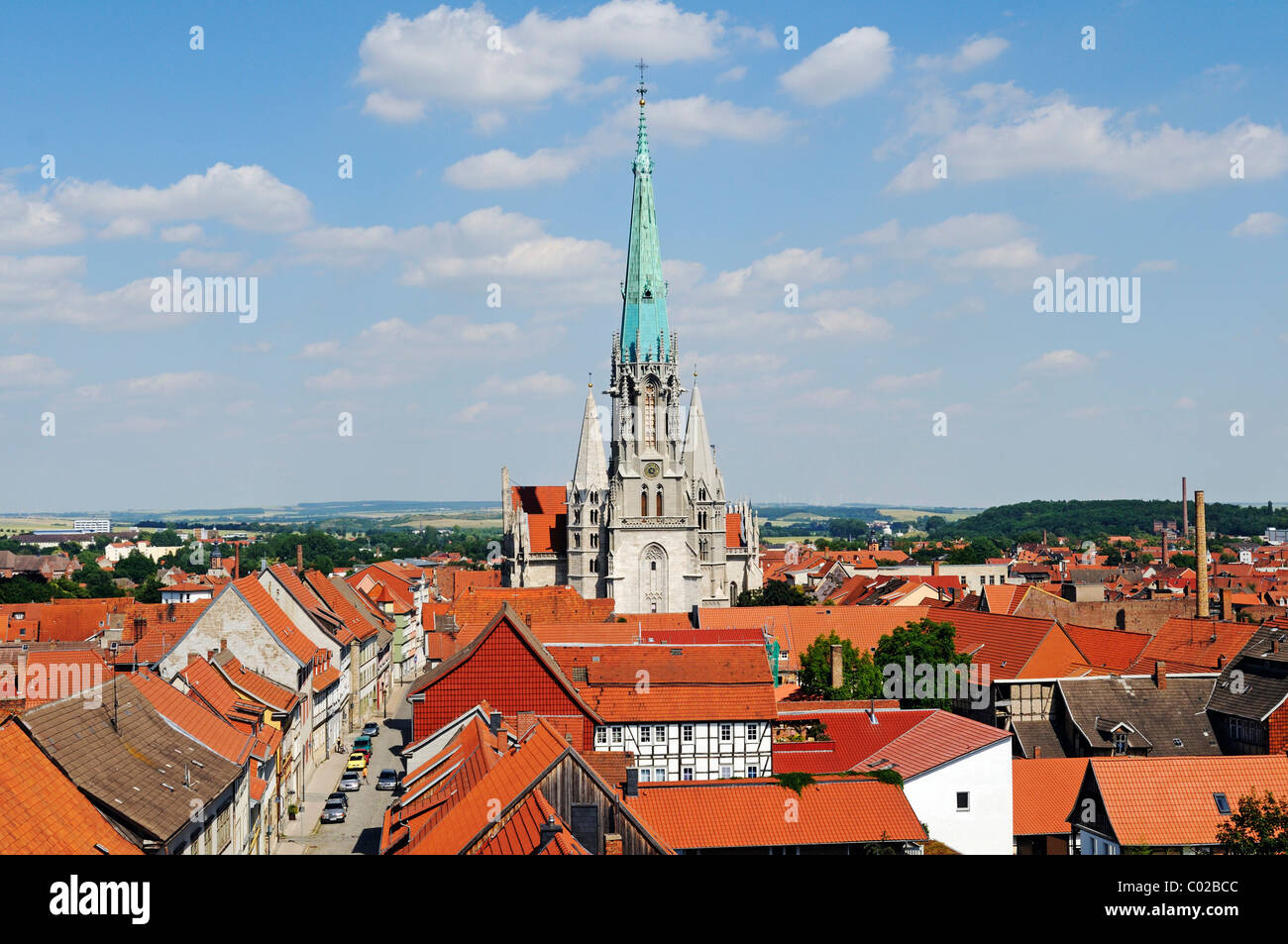 View from the ramparts towards St. Mary's Church, the second largest hall church in Thuringia, city of Muehlhausen Stock Photo