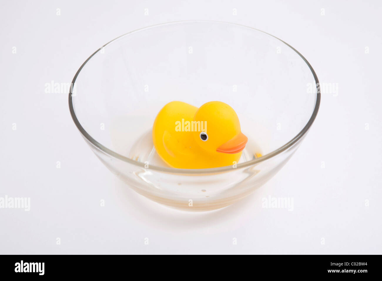 Rubber duck floating in a glass bowl with little water, water shortage Stock Photo
