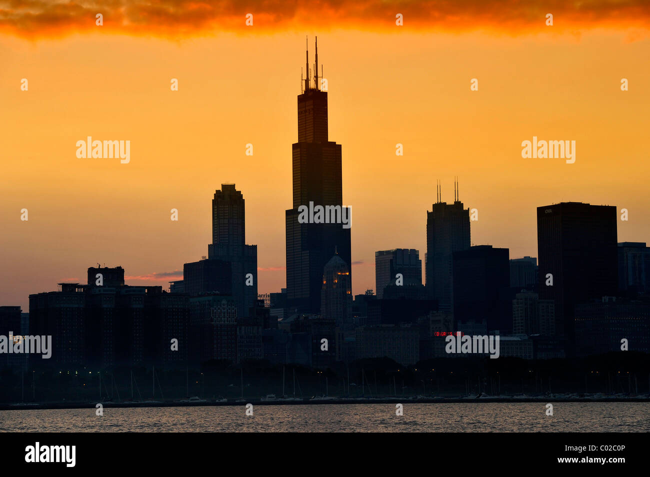 Evening atmosphere, sunset, Willis Tower, named Sears Tower until 2009, 311 South Wacker, skyscrapers, skyline, Lake Michigan Stock Photo
