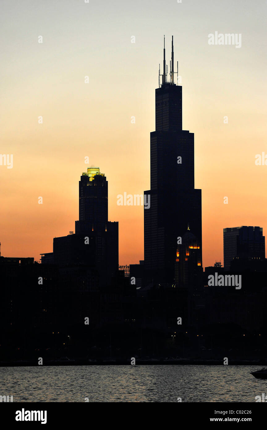 Evening atmosphere, sunset, Willis Tower, named Sears Tower until 2009, 311 South Wacker, skyscrapers, skyline, Lake Michigan Stock Photo