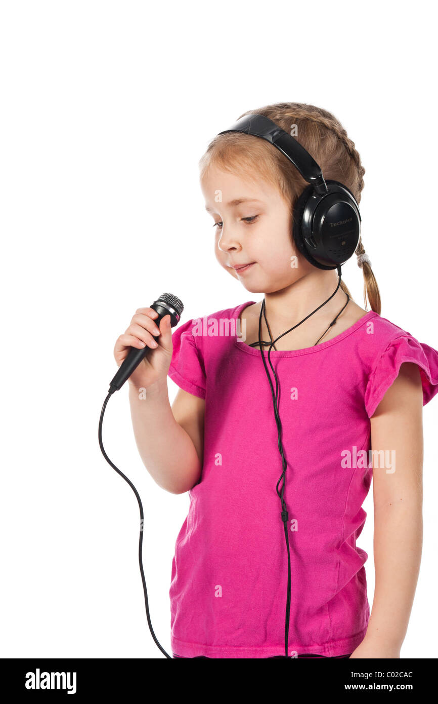 Beautiful girl in headphones with microphone Stock Photo Alamy
