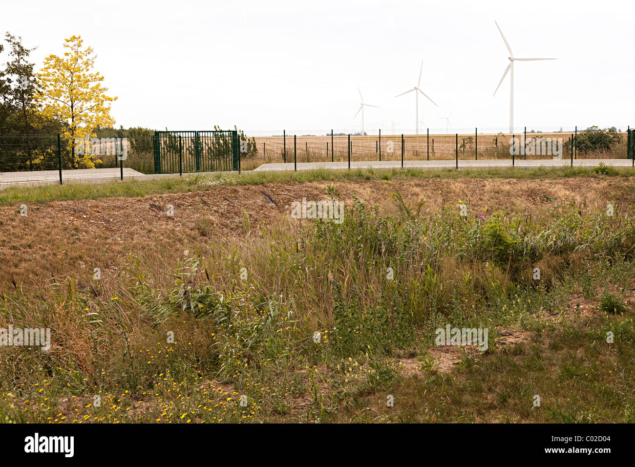 Ecological sewage reed bed with green energy wind turbines at rest area on A10 (E5) autoroute Eure-et-Loir department France Stock Photo