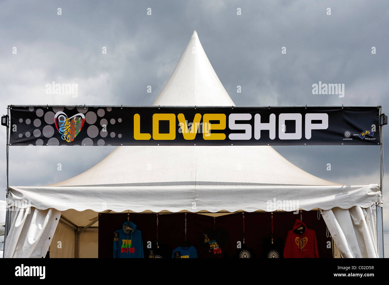 Love shop tent, souvenir shop, Loveparade 2010, Duisburg, North Rhine-Westfalia, Germany, Europe Stock Photo