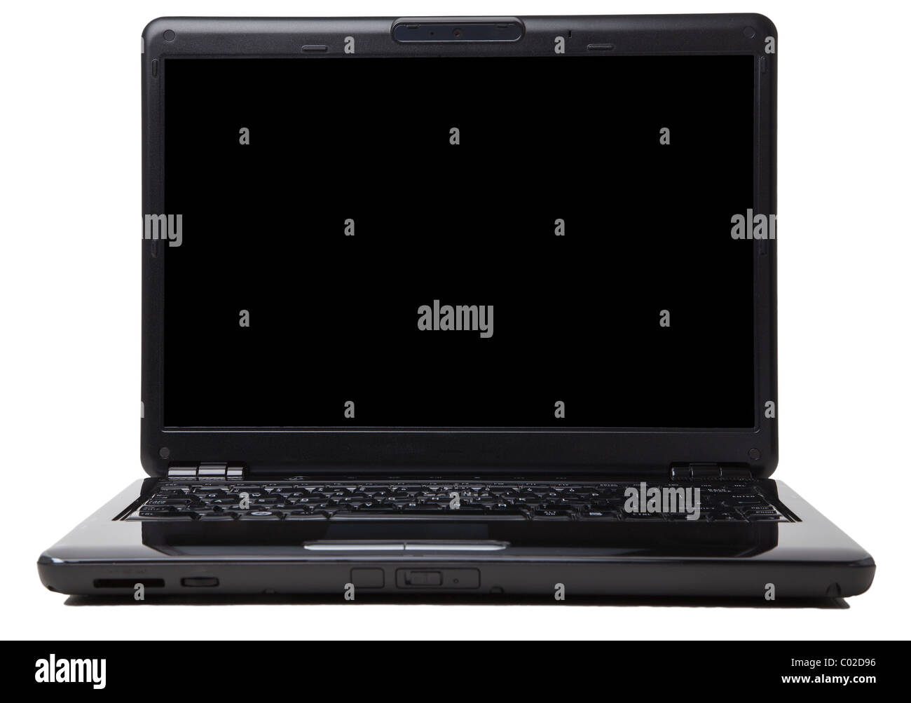 Black laptop computer with totally blank black screen isolated against