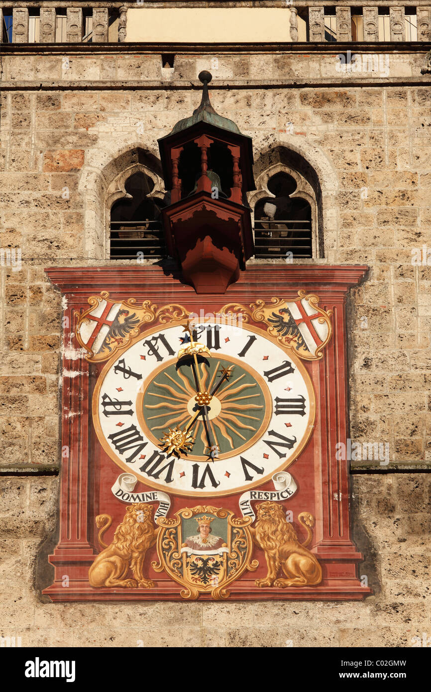 Tower clock on the steeple of St. Martin, Memmingen, Unterallgaeu, Allgaeu region, Schwaben, Bavaria, Germany, Europe Stock Photo