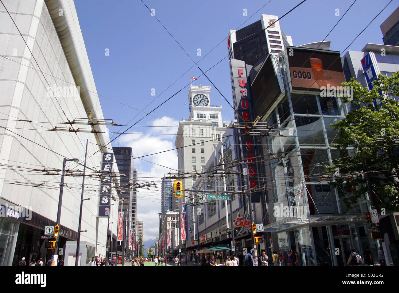 Robson street bus wires, Vancouver, British Columbia, Canada Stock