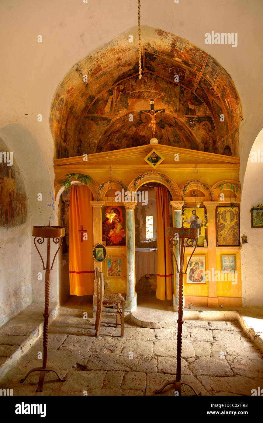 Interior of the Byzantine church of the Metamorphosis, Paliachora, Aegina, Greek Saronic Islands Stock Photo