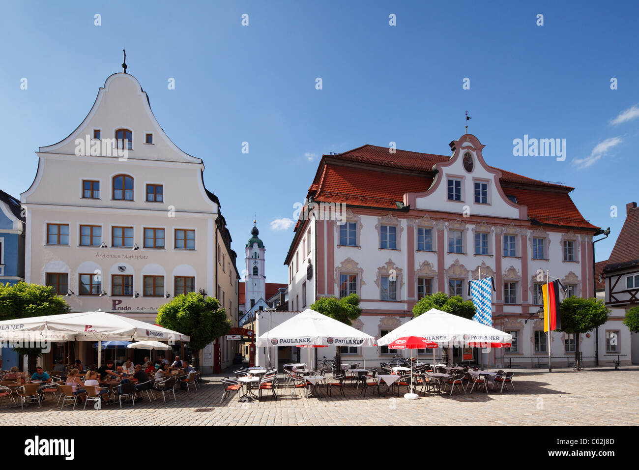 Marketplace with Frauenkirche Church of Our Lady and Brentanohaus building, Guenzburg, Donauried region, Swabia, Bavaria Stock Photo