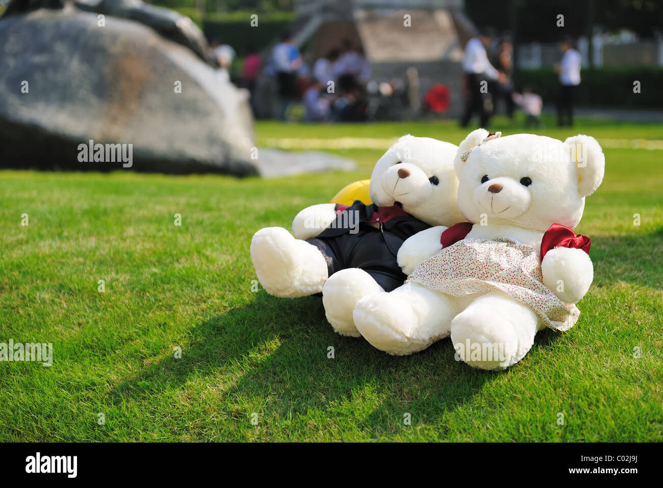 Two teddy bears lying on the lawn Stock Photo - Alamy