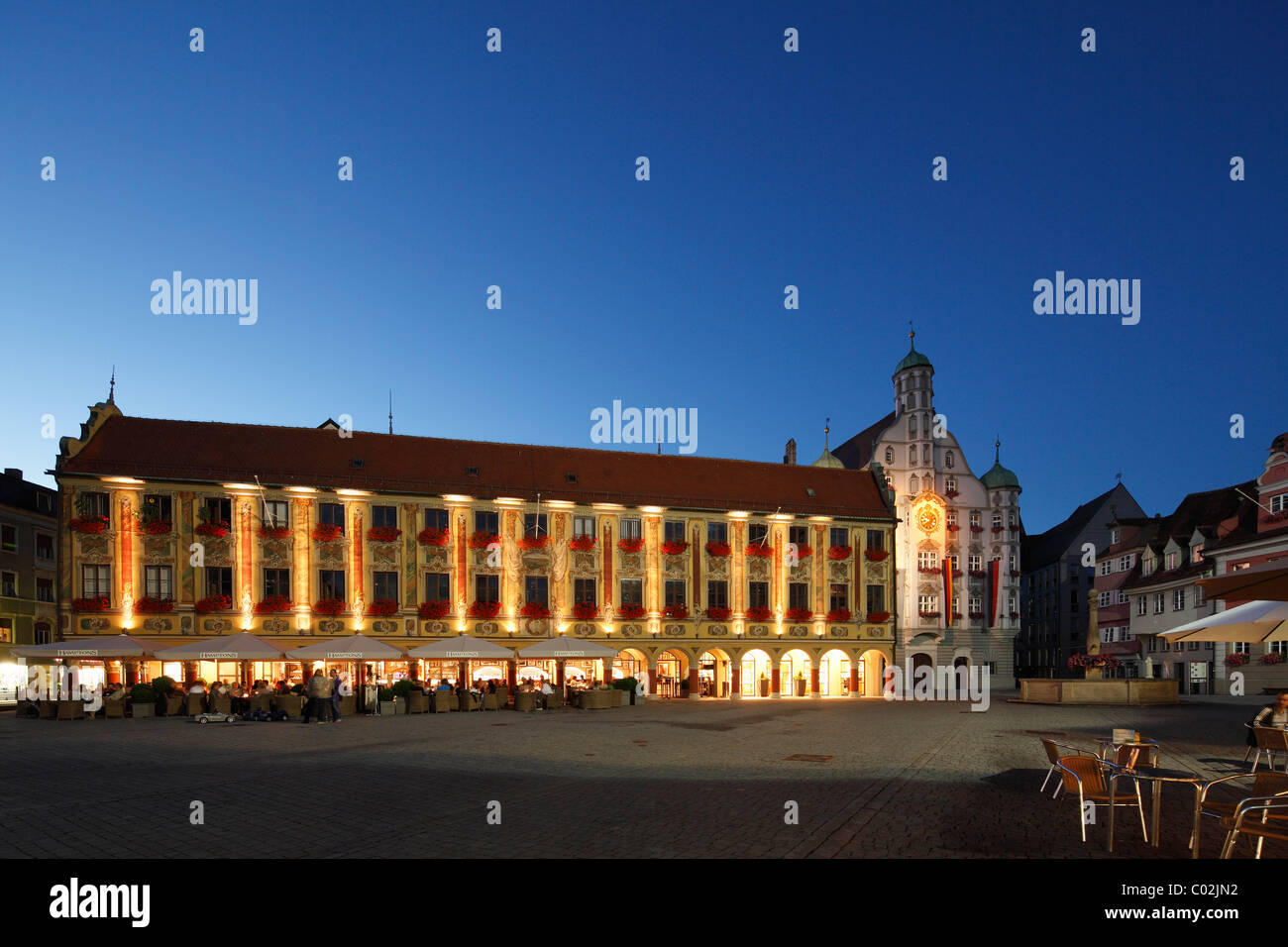 Steuerhaus building and town hall on the market square, Memmingen, Unterallgaeu region, Allgaeu, Schwaben, Bavaria Stock Photo