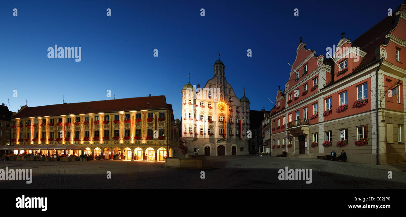 Panorama of the marketplace with Steuerhaus building, city hall and Grosszunft building, Memmingen, Unterallgaeu region, Allgaeu Stock Photo